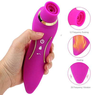2 in 1 Heating Vagina Stimulation Vibrating Dildo Clitoris Nipple Sucker Vibrator Dual Head Sex Toys For Woman Strong Suction