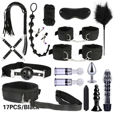 PCS 10/13/15/17  Bondage Restraints Kits BDSM Sex Handcuffs Whip Anal Plug Bullet Vibrator Erotic Sex Toy For Couples Adult Games