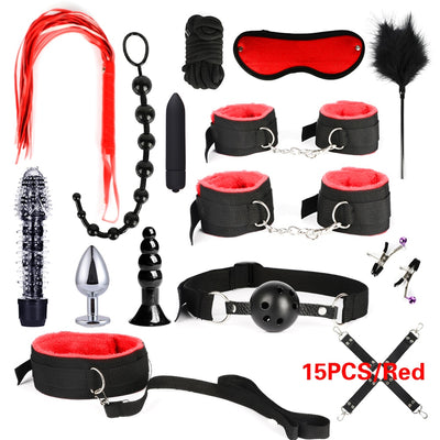 PCS 10/13/15/17  Bondage Restraints Kits BDSM Sex Handcuffs Whip Anal Plug Bullet Vibrator Erotic Sex Toy For Couples Adult Games