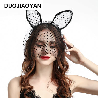 Cross-border New Party Cat Headband Lace Christmas Cat Ear Hair Band with Veil Halloween Headband Spot Wholesale