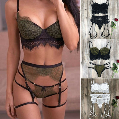 3PC/Set Women Sexy Lingerie Lace Babydoll Open Bra Set Transparent Lingerie Set G-String Underwear Nightwear Bra & Brief Sets