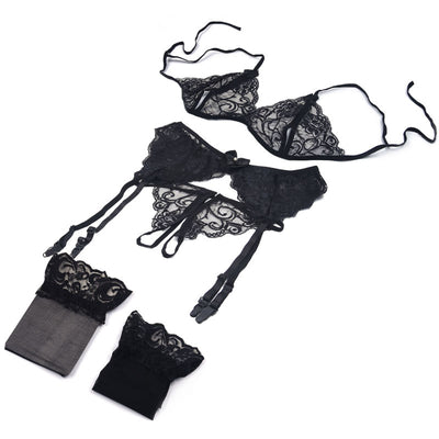 4Pcs Set Plus Size Women Open Bra + Panty + Garters + Net Stockings Sexy Lingerie Set Lace Transparent Push Up Underwear Bra Set
