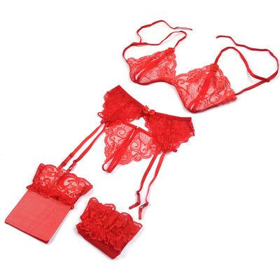 4Pcs Set Plus Size Women Open Bra + Panty + Garters + Net Stockings Sexy Lingerie Set Lace Transparent Push Up Underwear Bra Set