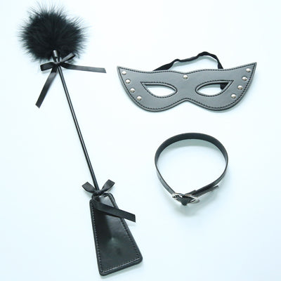 European and American Sexual Lingerie Accessories Flirting Feather Stick Leather Collar Three-piece Suit Couple Alternative Toys