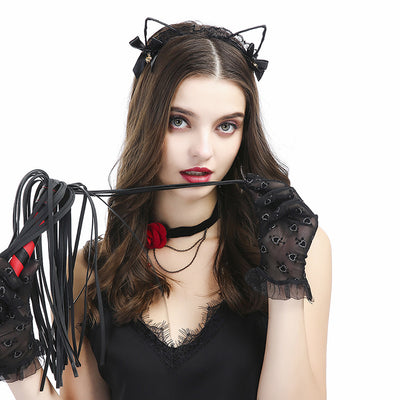 Cross-border Sexy Lingerie Accessories Femdom Leather Whip Lace Cat Ear Headband Clavicle Chain Collar Gloves Four-piece Set