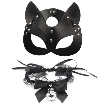 Black Leather Catwoman Cosplay Mask Bdsm Fetish Sex Toys Erotic Mask with BDSM Collar Women Halloween Masquerade Party Mask