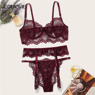 COLROVIE Burgundy Floral Lace Garter Sexy Lingerie Set Women Intimates  Underwire Transparent Bra and Thongs Underwear Set
