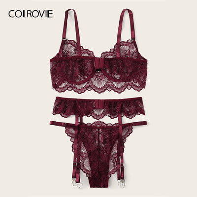 COLROVIE Burgundy Floral Lace Garter Sexy Lingerie Set Women Intimates  Underwire Transparent Bra and Thongs Underwear Set