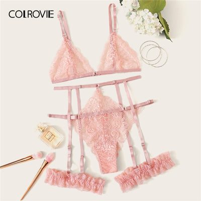 COLROVIE Scalloped Trim Floral Lace Garter Lingerie Set Women Bralettes Intimates  Bra and Thongs Ladies Sexy Sets