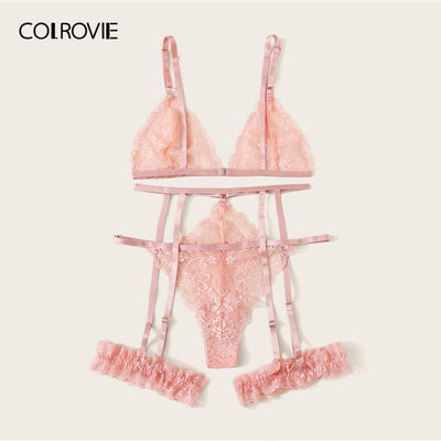 COLROVIE Scalloped Trim Floral Lace Garter Lingerie Set Women Bralettes Intimates  Bra and Thongs Ladies Sexy Sets