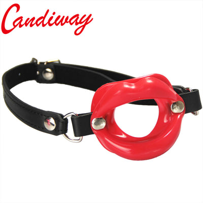 Candiway PU Leather Rubber Lips O Ring Open Mouth Oral Sex Gag BDSM Fetish Bondage Restraints Erotic Toys for Couples