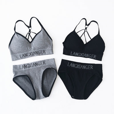 Cotton Bra Briefs Set for Women Seamless Lingerie with Padded Bralette Soft Push Up Active Bra Plus Size XL Sports Underwear #D