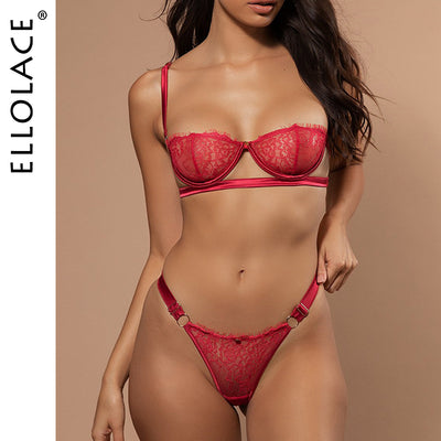 Ellolace Sexy Lingerie Underwear Set Women Lace 2 Piece Set See Through Bralette and Thong Bodycon G-String Sexy Bra Patry Set