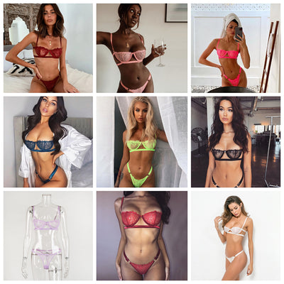 Ellolace Sexy Lingerie Underwear Set Women Lace 2 Piece Set See Through Bralette and Thong Bodycon G-String Sexy Bra Patry Set