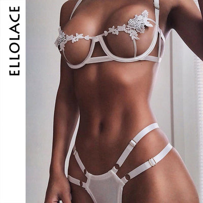 Ellolace Sexy Underwear Women Set Mesh Lingerie 2 Piece Set See Through Bralette and Thong Bandage G-String Spaghetti Straps