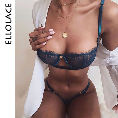 Ellolace Sexy Women Bra Set Push Up Lingerie Underwear Set Low Cup Balck Transparent Lenceria Femenina Strap Women Sexy Bra Set