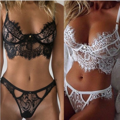Fashion Sexy Eyelash Lace Hollow Three-point Women's Bra Panties Lingerie Underwear Size S-2XL