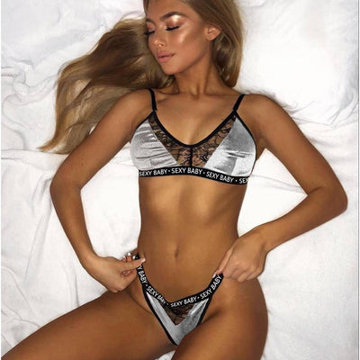 Fashion Summer Women's Sports Underwear Set Sexy Bandage Corset Letter Push Up Bra+Thongs Panties Lingerie Set