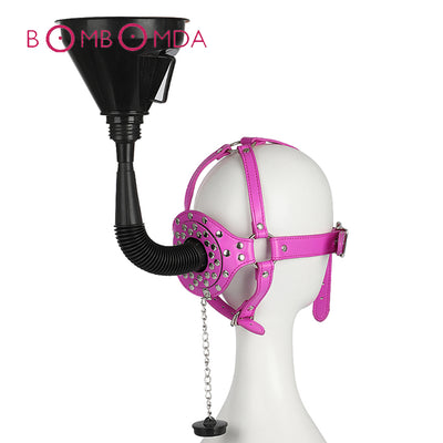 Head Harness BDSM Bondage Funnel Strap Mouth Gag Leather Black Sex Toys for Couples Women Oral Fixation Muzzle Ring Adult Games