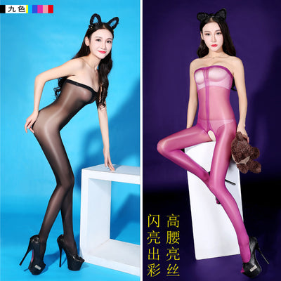 Hot Sexy Erotic Lingerie Bodystocking Thin Open Crotch Oil Shine Glittering Stockings Bodysuit Women Transparent Sex Costumes