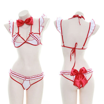 Japanese Hollow Nurse Sexy Costumes Erotic Bikini Ruffle Bandage Pajamas Set Open Cup Bra Top Bow Panties Sexy Lingerie Cosplay
