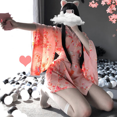 Japanese Kimono Sexy Lingerie Cosplay Outfit for Women Traditional Style Robe Yukata Costumes Pajamas Soft Silk Belt 2pcs Set