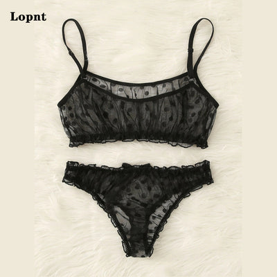 LOPNT New Sexy Lingerie Erotic Underwear Polka Dot Mesh Frill Trim Lace Lingerie Set Top Lace Invisible Bra  Bras for Women