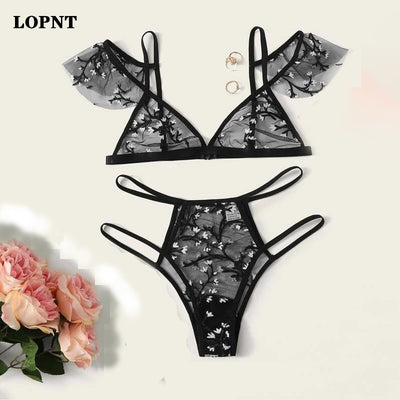 LOPNT Sexy Underwear Women Set Floral Embroidery Sheer Mesh Lingerie Set  No Bra  Backless Bralette Sexi Intimates Lace Bra Set