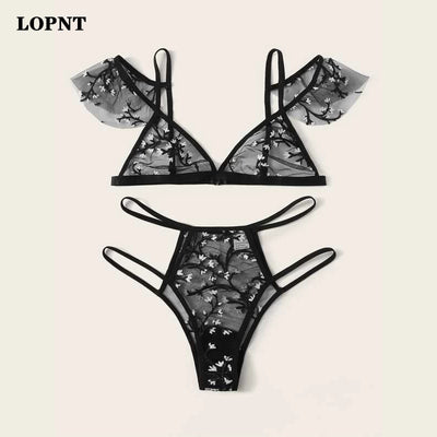 LOPNT Sexy Underwear Women Set Floral Embroidery Sheer Mesh Lingerie Set  No Bra  Backless Bralette Sexi Intimates Lace Bra Set