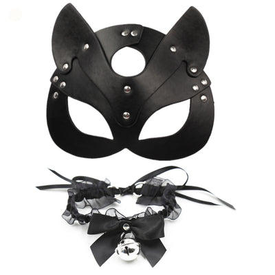 Leather Catwoman Cosplay Mask Bdsm Fetish Sex Toys Erotic Latex Rabbit Mask With Collar BDSM Sex Women Masquerade Party Mask