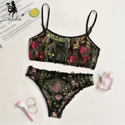 Leechee Women Underwear Set Sexy Lace Bra and Panties Set Floral Lace Embroidered Sheer Underwear Black Transparent Lingerie Set