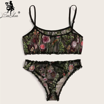 Leechee Women Underwear Set Sexy Lace Bra and Panties Set Floral Lace Embroidered Sheer Underwear Black Transparent Lingerie Set