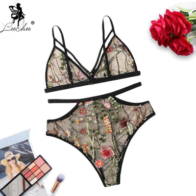 Leechee Women's Bra Set Sexy Mesh Embroidery Intimates Underwear Wire Free Transparent Push Up Bralette Hollow Out Lingerie Set
