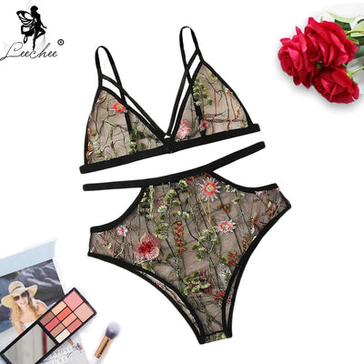 Leechee Women's Bra Set Sexy Mesh Embroidery Intimates Underwear Wire Free Transparent Push Up Bralette Hollow Out Lingerie Set