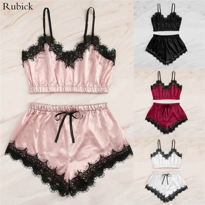 Lingerie Sexy Bra Set Women's Sleepwear Sleeveless Strap Lace Trim Satin Cami Tops Pajama Sets Bras Women Brief Sets