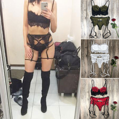 Lingerie Women Sexy Bra Set G-String Underwear See-through Wireless Lace Lingerie Straps Panty Bandage Set Babydoll Panties