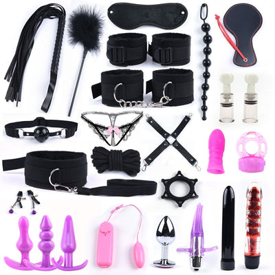 Lots Sex Toys for Women Men Handcuffs Nipple Clamps Whip Spanking Sex Silicone Metal Anal Plug Butt Bdsm Vibrator Bondage Set