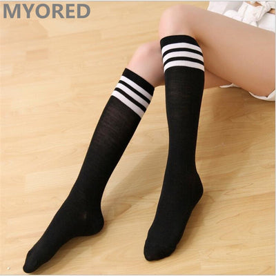 MYORED Candy Colored Stripes Cotton Sexy Womens Long Socks Style Party Street Dancing Knee Sock