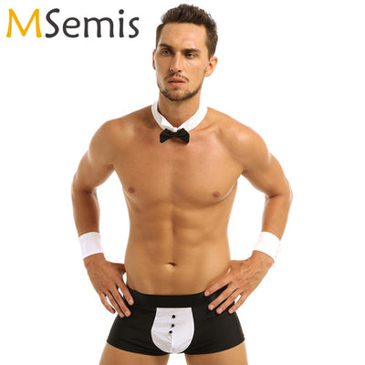 Mens Servant Sex Cosplay Costumes Hot Erotic Maid Waiter Tuxedo Lingerie Set Sexy Boxer Briefs Underwear+Bow Tie Collar Bracelet