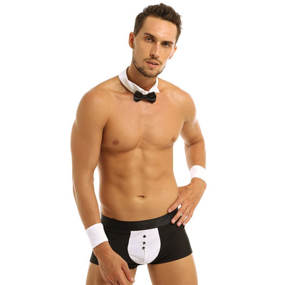 Mens Servant Sex Cosplay Costumes Hot Erotic Maid Waiter Tuxedo Lingerie Set Sexy Boxer Briefs Underwear+Bow Tie Collar Bracelet