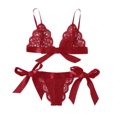 Red Lingerie Sexy Set Lace Bow Hot Women Sleepwear V Neck Transparent Bra Set Sleeveless Intimates Lace Bralette and Panties Set