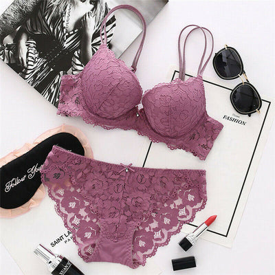Sexy 1 Pairs Womens Lace Bra Set Flower Padded Push Up Lingerie Female Black White Purple Underwear Sets 32-38 B