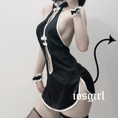 Sexy Costumes Lingerie Cosplay Lolita Vintage Skirt Backless Underwear Set Hollow Out Black Cheongsam Night Classical Sleepwear