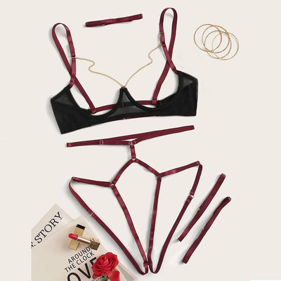 Sexy Exquisite Mesh Lingerie Bra+Garter+Briefs Set Babydoll Cut-Out Sleepwear  Women's Sexy Lingerie Bra Set Pyjama Femme D