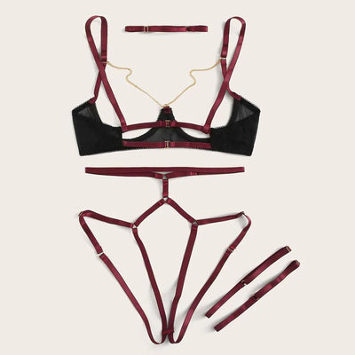 Sexy Exquisite Mesh Lingerie Bra+Garter+Briefs Set Babydoll Cut-Out Sleepwear  Women's Sexy Lingerie Bra Set Pyjama Femme D