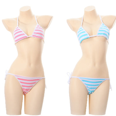 Sexy Lingerie Lolita Kawaii Blue Pink White Striped Bikini Adult Cosplay Erotic Costumes Bra Women Underwear Set