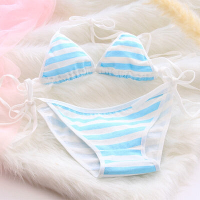 Sexy Lingerie Lolita Kawaii Blue Pink White Striped Bikini Adult Cosplay Erotic Costumes Bra Women Underwear Set