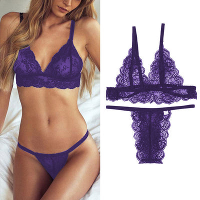 Sexy Lingerie Set Women Transparent Lace Babydoll Open Bra Set Floral Purple G-String Underwear Set Nightwear Bra and Panty Sets