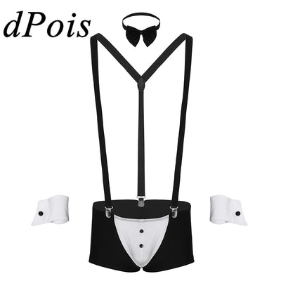 Sexy Mens Gay Groom Tuxedo Lingerie Costume Cosplay Suit Male Erotic Boxer Briefs Underwear & Suspender Bow Tie Collar Bracelet