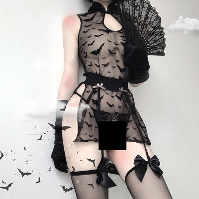 Showgirl Erotic Devil Role Play Costumes Sexy Lingerie Lace Night Dress See Through Cosplay Costume Dark Bat Sleepwear Outfit